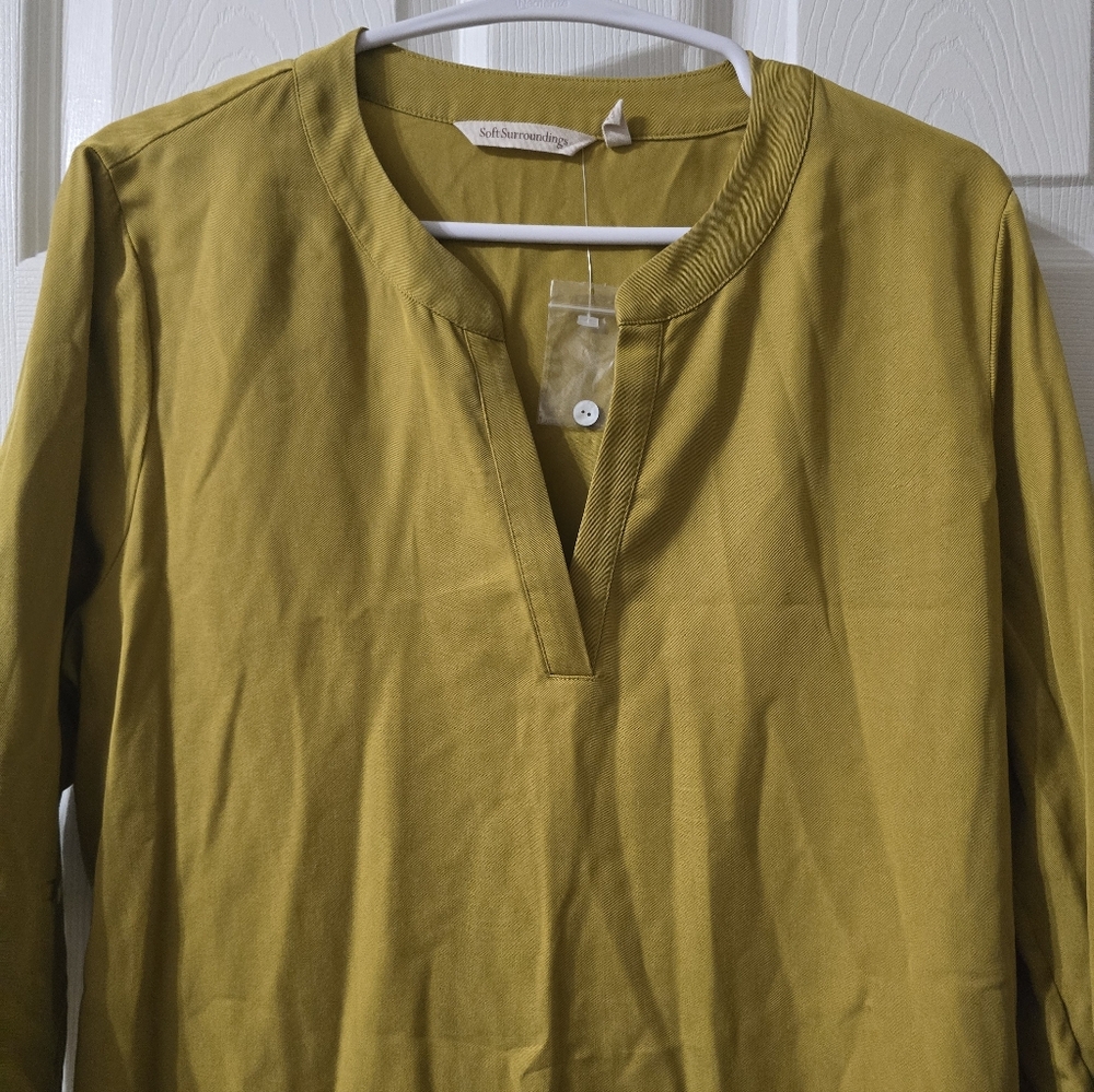 Soft Surroundings 100% Tencel Tunic in Mustard Yellow, Roll Tab Sleeves, NWOT. - Picture 3 of 14